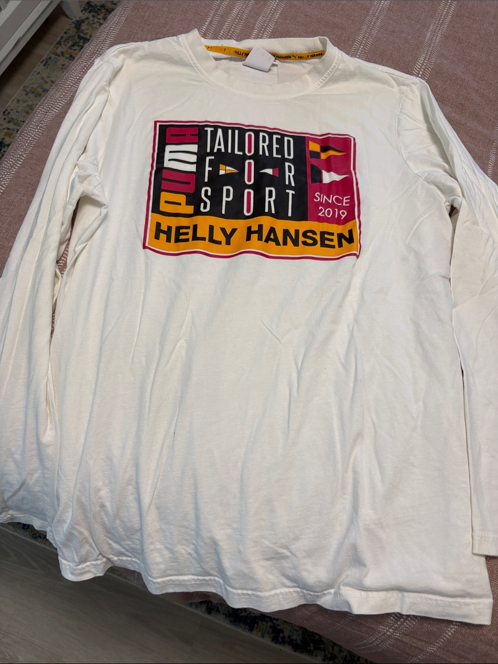 Helly Hansen White Long-Sleeve Graphic Tee with Pink and Yellow Logo